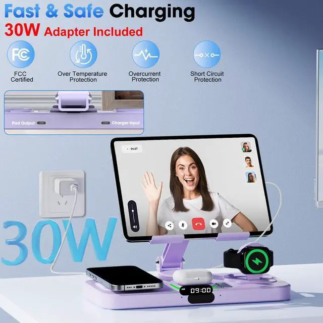 Alt view image 6 of 6 - 6 in 1 Wireless Charger for Apple Multiple Devices, Charging Station with Clock &7 Color Ambient Light, Foldable Rotate Stand for iPad, for iPhone17/16/15, Support for Apple Watch11/10 for AirPods4
