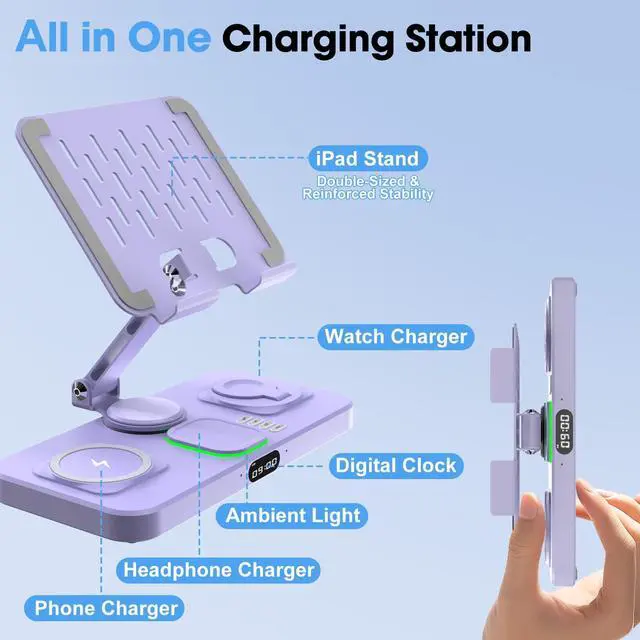 Alt view image 2 of 6 - 6 in 1 Wireless Charger for Apple Multiple Devices, Charging Station with Clock &7 Color Ambient Light, Foldable Rotate Stand for iPad, for iPhone17/16/15, Support for Apple Watch11/10 for AirPods4