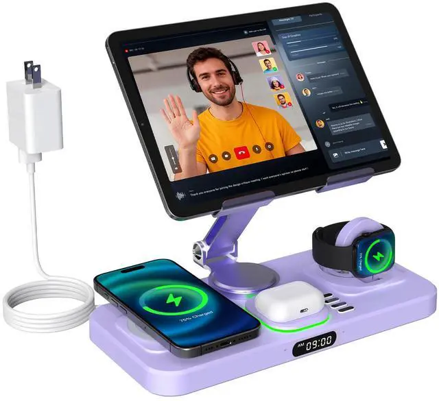 Main image of 6 in 1 Wireless Charger for Apple Multiple Devices, Charging Station with Clock &7 Color Ambient Light, Foldable Rotate Stand for iPad, for iPhone17/16/15, Support for Apple Watch11/10 for AirPods4
