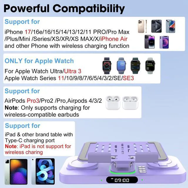 Alt view image 4 of 6 - 6 in 1 Wireless Charger for Apple Multiple Devices, Charging Station with Clock &7 Color Ambient Light, Foldable Rotate Stand for iPad, for iPhone17/16/15, Support for Apple Watch11/10 for AirPods4