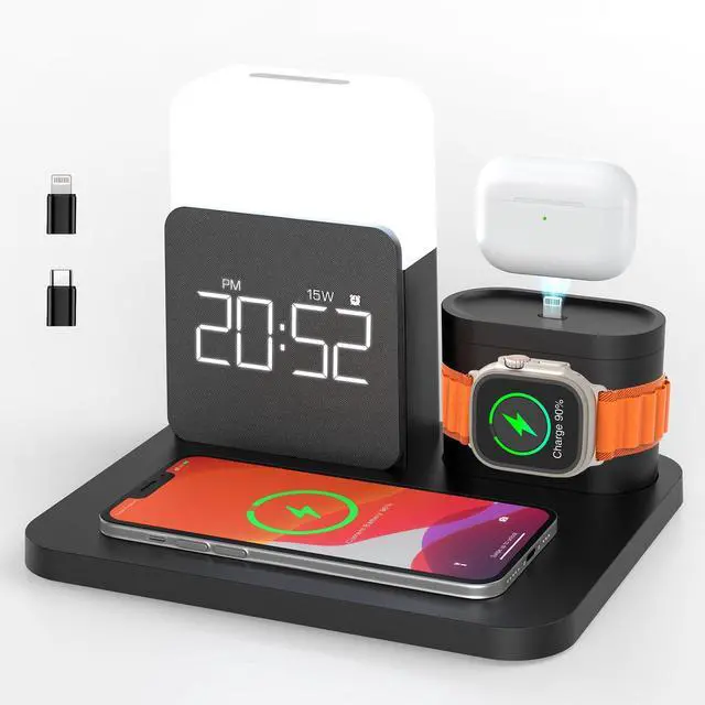 Main image of 7 in 1 Charging Station for iPhone, Wireless Charging Station, Alarm Clock, Night Light, Wireless Charger for iPhone 17 16 15 14 13 12 Pro Max & Apple Watch - Charging Stand Dock for AirPods(Black)