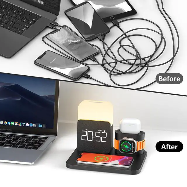 Alt view image 4 of 6 - 7 in 1 Charging Station for iPhone, Wireless Charging Station, Alarm Clock, Night Light, Wireless Charger for iPhone 17 16 15 14 13 12 Pro Max & Apple Watch - Charging Stand Dock for AirPods(Black)