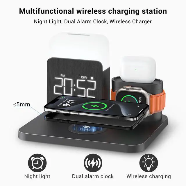 Alt view image 5 of 6 - 7 in 1 Charging Station for iPhone, Wireless Charging Station, Alarm Clock, Night Light, Wireless Charger for iPhone 17 16 15 14 13 12 Pro Max & Apple Watch - Charging Stand Dock for AirPods(Black)