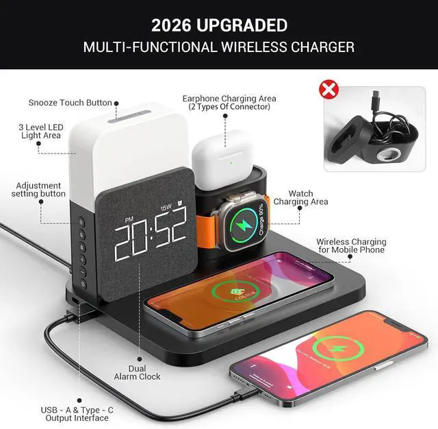 Alt view image 2 of 6 - 7 in 1 Charging Station for iPhone, Wireless Charging Station, Alarm Clock, Night Light, Wireless Charger for iPhone 17 16 15 14 13 12 Pro Max & Apple Watch - Charging Stand Dock for AirPods(Black)
