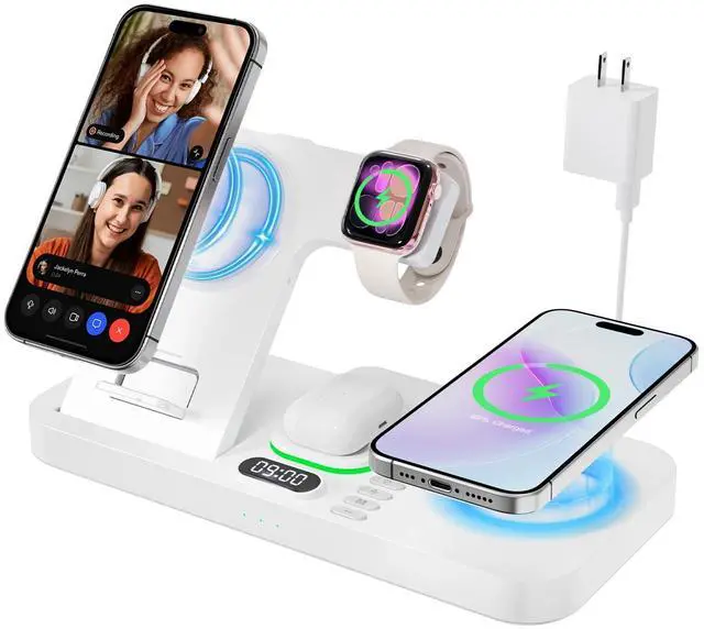 Main image of Dual Phone Magnetic Wireless Charging Station for Apple Devices/Apple Ecosystem, 7-Color Auto Light & 12H Clock, Multi-Device Charger for iPhone 17/16/15, for iWatch 11/10/9 & AirPods Pro3(White