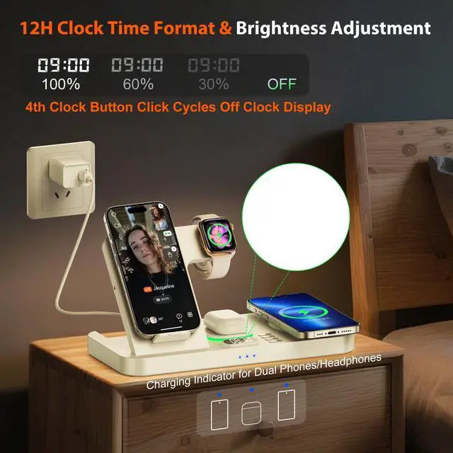 Alt view image 5 of 7 - Dual Phone Magnetic Wireless Charging Station for Apple Devices/Apple Ecosystem, 7-Color Auto Light & 12H Clock, Multi-Device Charger for iPhone 17/16/15, for iWatch 11/10/9 & AirPods Pro3(White