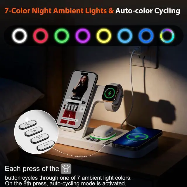 Alt view image 4 of 7 - Dual Phone Magnetic Wireless Charging Station for Apple Devices/Apple Ecosystem, 7-Color Auto Light & 12H Clock, Multi-Device Charger for iPhone 17/16/15, for iWatch 11/10/9 & AirPods Pro3(White