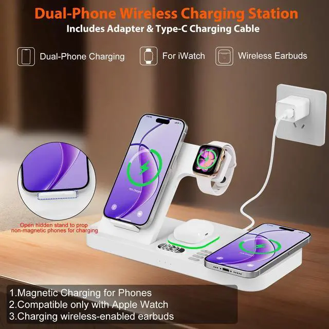 Alt view image 3 of 6 - Dual Phone Magnetic Wireless Charging Station for Apple Devices/Apple Ecosystem,with Auto-Switch 7-Color Light & Clock, Compatible with iPhone 17/16/15, for iWatch 11/10/9 & AirPods Pro3Cream