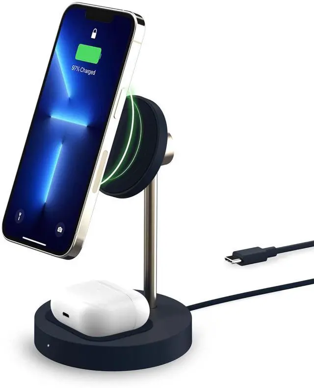 Main image of Velox Magnetic Wireless Duo Stand. 7.5W Mounting Stand + 5W Charging Pad. MagSafe Compatible for iPhone 12, iPhone 13, iPhone 14, & iPhone 15 Series & Qi AirPods Charger (Adapter not Included)