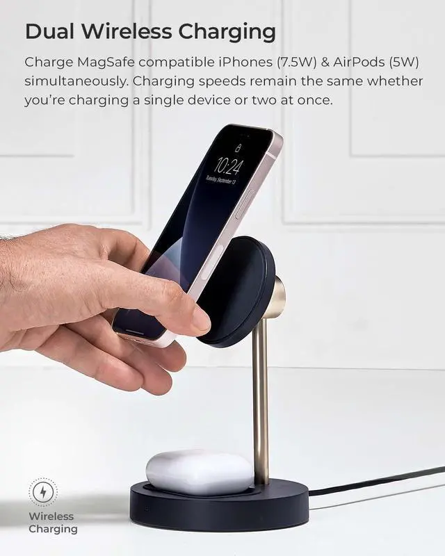 Alt view image 2 of 7 - Velox Magnetic Wireless Duo Stand. 7.5W Mounting Stand + 5W Charging Pad. MagSafe Compatible for iPhone 12, iPhone 13, iPhone 14, & iPhone 15 Series & Qi AirPods Charger (Adapter not Included)