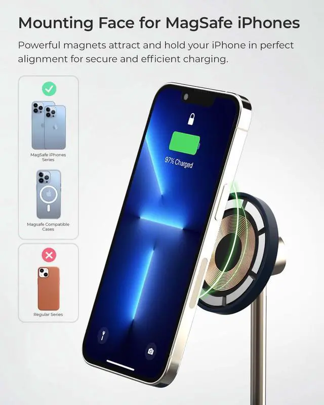 Alt view image 3 of 7 - Velox Magnetic Wireless Duo Stand. 7.5W Mounting Stand + 5W Charging Pad. MagSafe Compatible for iPhone 12, iPhone 13, iPhone 14, & iPhone 15 Series & Qi AirPods Charger (Adapter not Included)