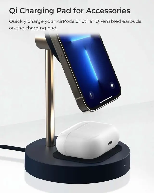 Alt view image 4 of 7 - Velox Magnetic Wireless Duo Stand. 7.5W Mounting Stand + 5W Charging Pad. MagSafe Compatible for iPhone 12, iPhone 13, iPhone 14, & iPhone 15 Series & Qi AirPods Charger (Adapter not Included)