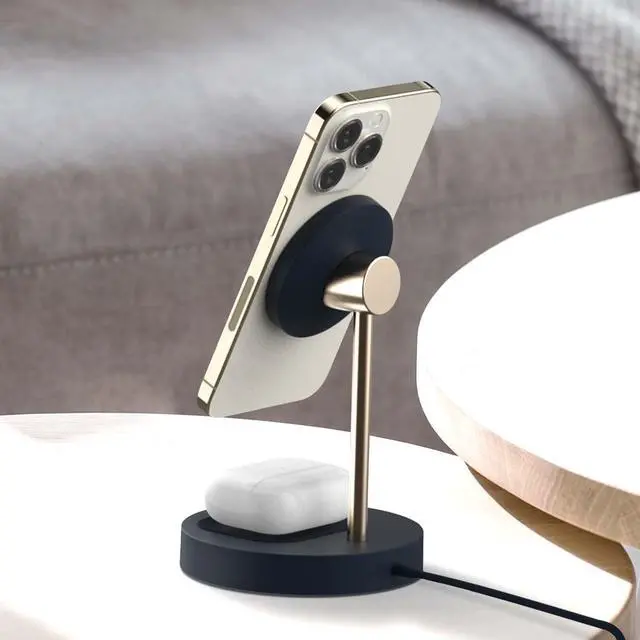 Alt view image 7 of 7 - Velox Magnetic Wireless Duo Stand. 7.5W Mounting Stand + 5W Charging Pad. MagSafe Compatible for iPhone 12, iPhone 13, iPhone 14, & iPhone 15 Series & Qi AirPods Charger (Adapter not Included)