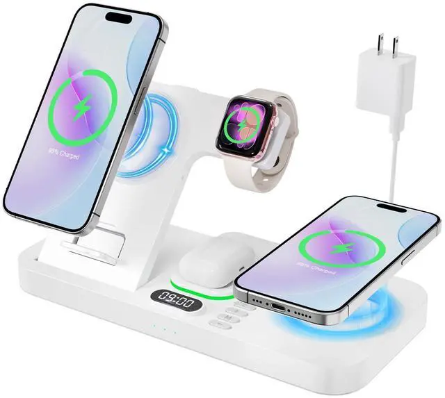 Main image of Dual Phone Magnetic Wireless Charging Station for Apple Devices/Apple Ecosystem,with Auto-Switch 7-Color Light & Clock, Compatible with iPhone 17/16/15, for iWatch 11/10/9 & AirPods Pro3Cream