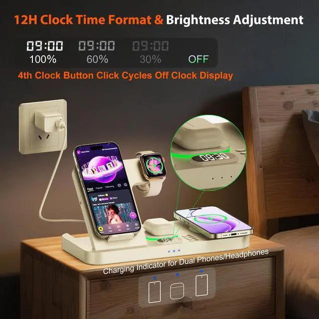 Alt view image 4 of 6 - Dual Phone Magnetic Wireless Charging Station for Apple Devices/Apple Ecosystem,with Auto-Switch 7-Color Light & Clock, Compatible with iPhone 17/16/15, for iWatch 11/10/9 & AirPods Pro3Cream