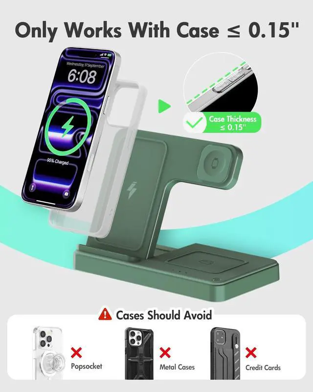 Alt view image 3 of 7 - Wireless Charger Stand Charging Station: 3 in 1 Charger Multiple Devices for Apple iPhone 17 16e 16 15 14 Pro Max 13 12 11 for Watch 11 10 9 8 7 6 5 4 3 2 SE and Ultra & Airpods Series, Dark Green