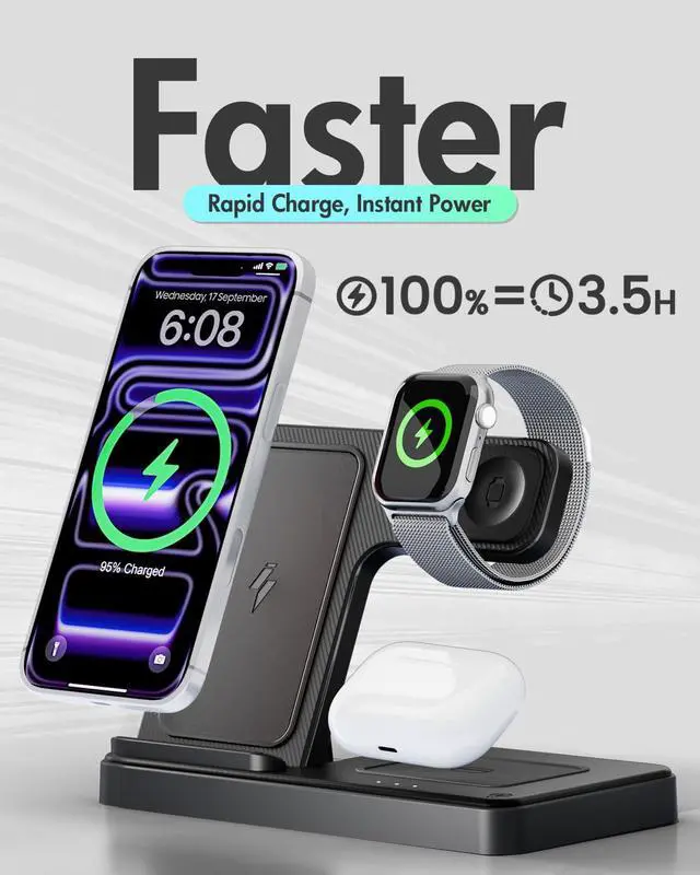Alt view image 5 of 7 - Wireless Charger iPhone Charging Station: 3 in 1 Charger Stand Multiple Devices for Apple - iPhone 17 16e 16 15 14 Pro Max 13 12 11 - Watch 11 10 9 8 7 6 5 4 3 2 SE and Ultra Series - Airpods 4 3 Pro