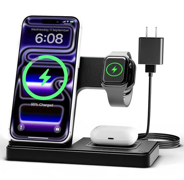 Main image of Wireless Charger iPhone Charging Station: 3 in 1 Charger Stand Multiple Devices for Apple - iPhone 17 16e 16 15 14 Pro Max 13 12 11 - Watch 11 10 9 8 7 6 5 4 3 2 SE and Ultra Series - Airpods 4 3 Pro