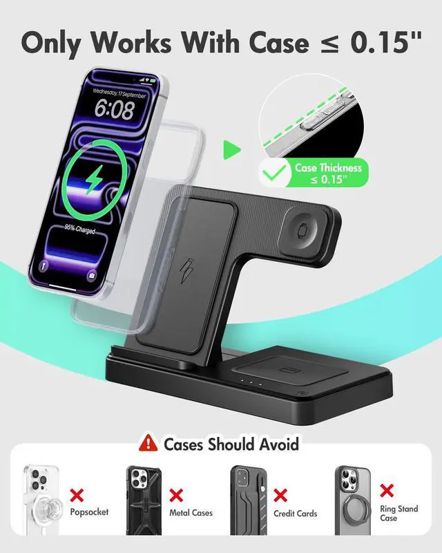 Alt view image 3 of 7 - Wireless Charger iPhone Charging Station: 3 in 1 Charger Stand Multiple Devices for Apple - iPhone 17 16e 16 15 14 Pro Max 13 12 11 - Watch 11 10 9 8 7 6 5 4 3 2 SE and Ultra Series - Airpods 4 3 Pro