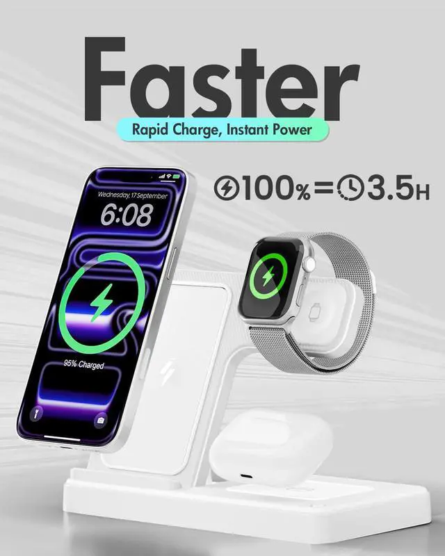 Alt view image 5 of 7 - Wireless Charger Stand Charging Station: 3 in 1 Charger Stand Multiple Devices for Apple - iPhone 17 16e 16 15 14 Pro Max 13 12 - Watch 11 10 9 8 7 6 5 4 3 2 SE and Ultra Series-Airpods 4 3 Pro, White