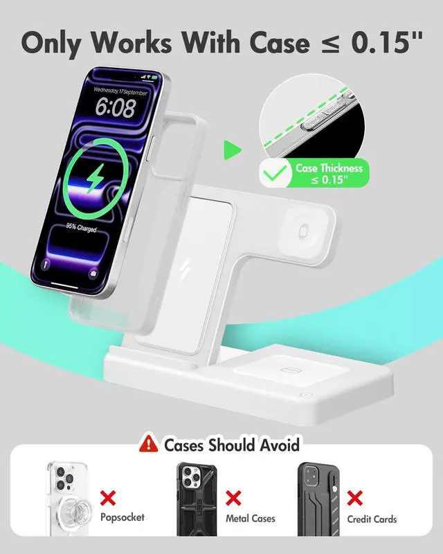 Alt view image 3 of 7 - Wireless Charger Stand Charging Station: 3 in 1 Charger Stand Multiple Devices for Apple - iPhone 17 16e 16 15 14 Pro Max 13 12 - Watch 11 10 9 8 7 6 5 4 3 2 SE and Ultra Series-Airpods 4 3 Pro, White