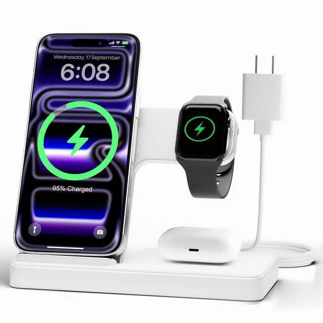 Main image of Wireless Charger Stand Charging Station: 3 in 1 Charger Stand Multiple Devices for Apple - iPhone 17 16e 16 15 14 Pro Max 13 12 - Watch 11 10 9 8 7 6 5 4 3 2 SE and Ultra Series-Airpods 4 3 Pro, White