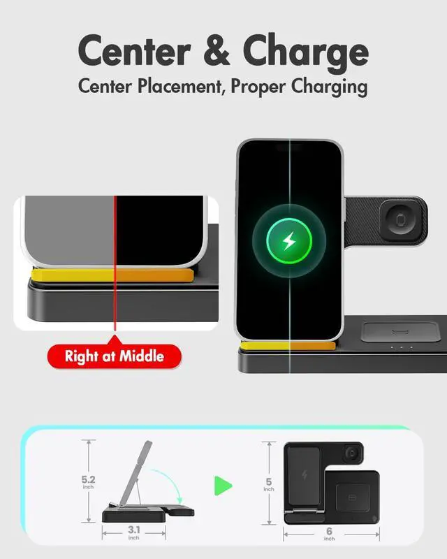 Alt view image 7 of 7 - Wireless Charger iPhone Charging Station: 3 in 1 Charger Stand Multiple Devices for Apple - iPhone 17 16e 16 15 14 Pro Max 13 12 11 - Watch 11 10 9 8 7 6 5 4 3 2 SE and Ultra Series - Airpods 4 3 Pro