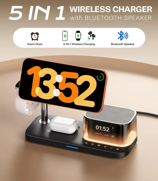 Alt view image 2 of 7 - 45W 5 in 1 Charging Station with Bluetooth Speaker and Alarm Clock & Night Light, Qi2.2 25W Fast Wireless Charger for MagSafe Charger for iPhone 17/16, Charger Stand for Apple Watch & AirPods