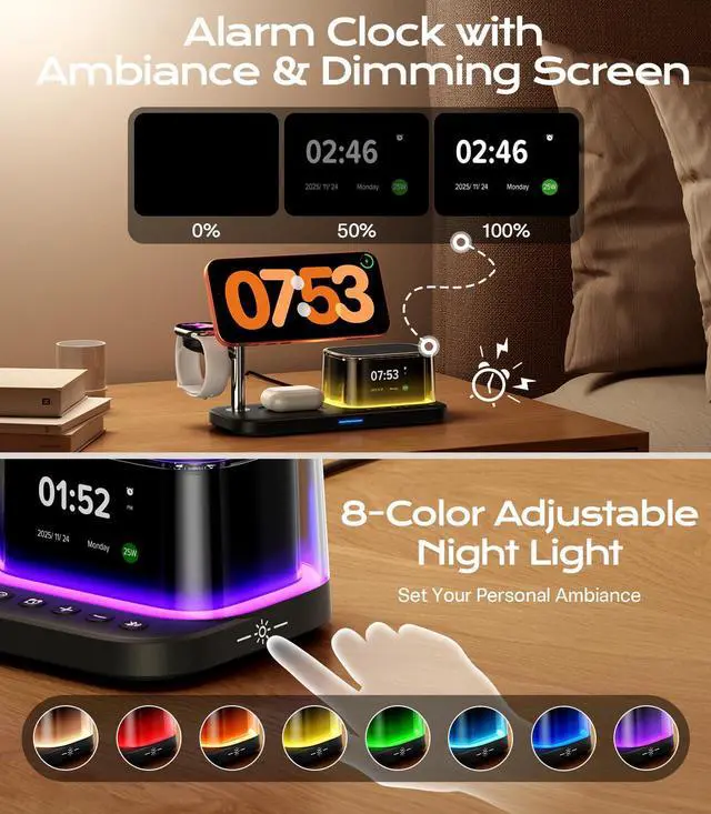 Alt view image 4 of 7 - 45W 5 in 1 Charging Station with Bluetooth Speaker and Alarm Clock & Night Light, Qi2.2 25W Fast Wireless Charger for MagSafe Charger for iPhone 17/16, Charger Stand for Apple Watch & AirPods