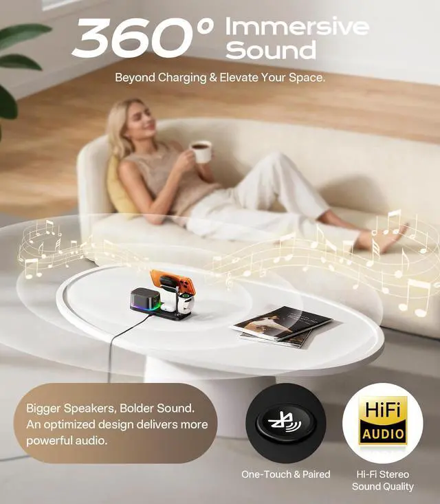 Alt view image 7 of 7 - 45W 5 in 1 Charging Station with Bluetooth Speaker and Alarm Clock & Night Light, Qi2.2 25W Fast Wireless Charger for MagSafe Charger for iPhone 17/16, Charger Stand for Apple Watch & AirPods