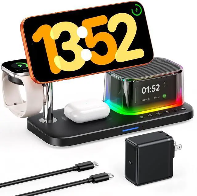 Main image of 45W 5 in 1 Charging Station with Bluetooth Speaker and Alarm Clock & Night Light, Qi2.2 25W Fast Wireless Charger for MagSafe Charger for iPhone 17/16, Charger Stand for Apple Watch & AirPods