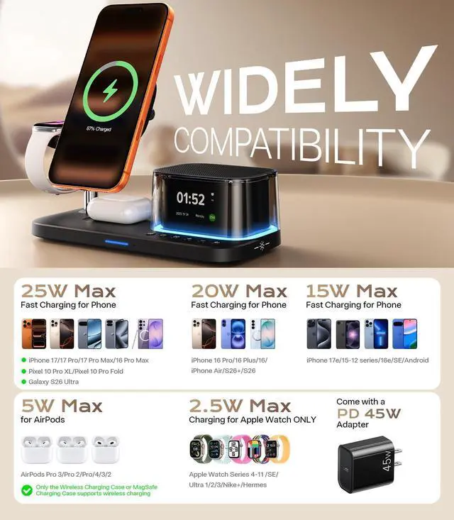 Alt view image 3 of 7 - 45W 5 in 1 Charging Station with Bluetooth Speaker and Alarm Clock & Night Light, Qi2.2 25W Fast Wireless Charger for MagSafe Charger for iPhone 17/16, Charger Stand for Apple Watch & AirPods