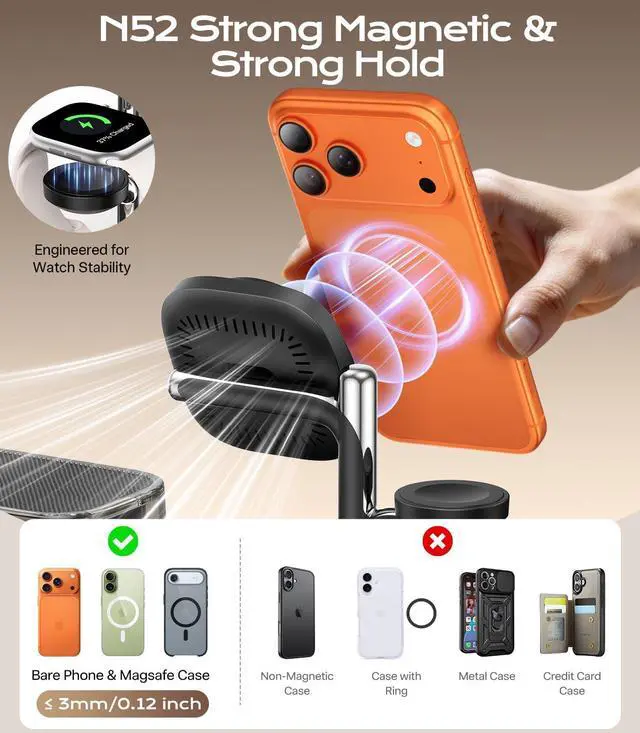 Alt view image 6 of 7 - 45W 5 in 1 Charging Station with Bluetooth Speaker and Alarm Clock & Night Light, Qi2.2 25W Fast Wireless Charger for MagSafe Charger for iPhone 17/16, Charger Stand for Apple Watch & AirPods