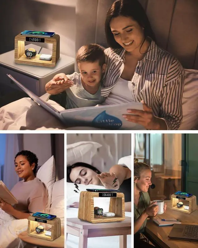 Alt view image 7 of 7 - Bamboo Wireless Charging Station with Alarm Clock & Night Light, 3 in 1 Charging Station for iPhone 17/16/15/14/13/12/11 Pro Max/X/Xs, AirPods 4/3 & AirPods Pro 3/2/1/, Apple Watch Series