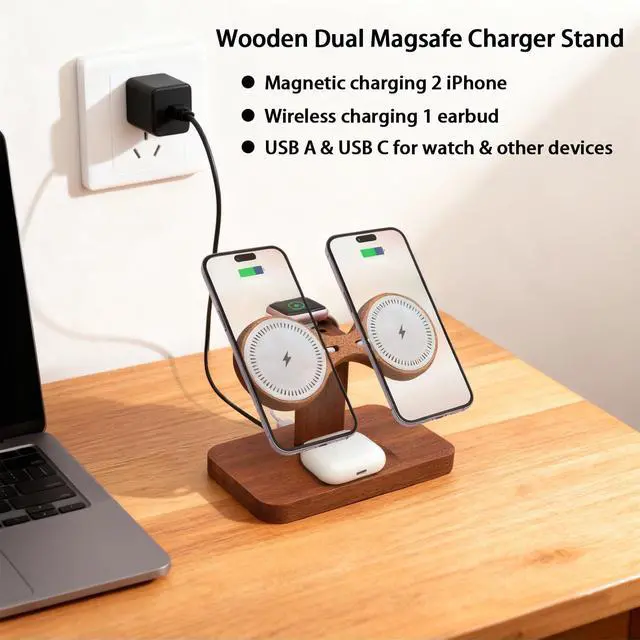 Alt view image 3 of 6 - Dual Phone Charging Station Compatible with Magsafe Charger Stand Magnetic Wireless Charger for iPhone 17 16 15 14 13 12 Series iWatch AirPods Wireless Charging Station for Multiple Devices