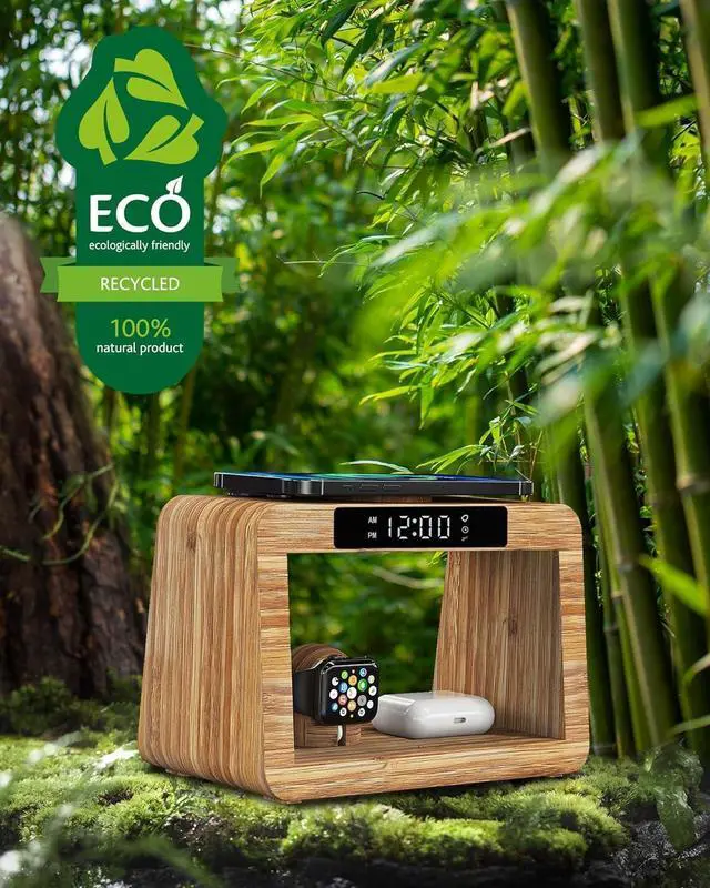 Alt view image 3 of 7 - Bamboo Wireless Charging Station with Alarm Clock & Night Light, 3 in 1 Charging Station for iPhone 17/16/15/14/13/12/11 Pro Max/X/Xs, AirPods 4/3 & AirPods Pro 3/2/1/, Apple Watch Series