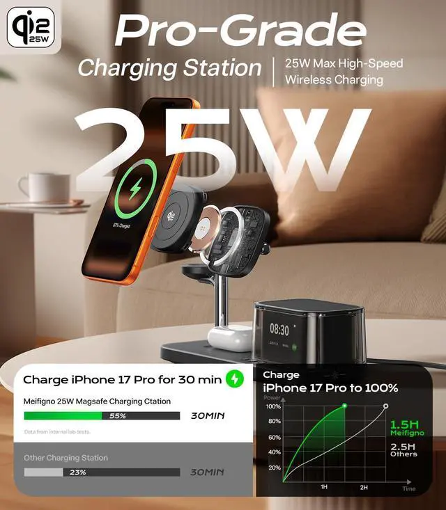 Alt view image 5 of 7 - 45W 5 in 1 Charging Station with Bluetooth Speaker and Alarm Clock & Night Light, Qi2.2 25W Fast Wireless Charger for MagSafe Charger for iPhone 17/16, Charger Stand for Apple Watch & AirPods