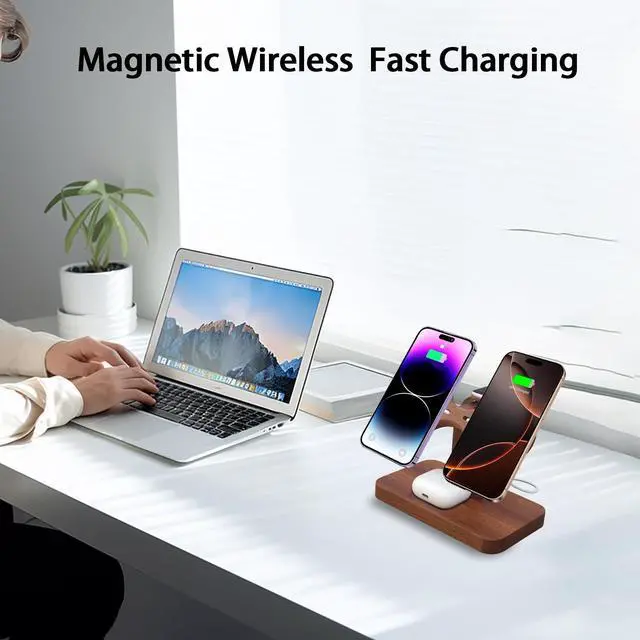 Alt view image 4 of 6 - Dual Phone Charging Station Compatible with Magsafe Charger Stand Magnetic Wireless Charger for iPhone 17 16 15 14 13 12 Series iWatch AirPods Wireless Charging Station for Multiple Devices