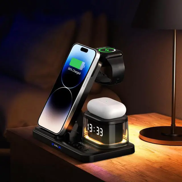 Alt view image 6 of 6 - 5 in 1 Wireless Charger with Clock Night Light Alarm Clock for Apple Devices for iPhone 15 14 13 12 11 Pro Max Apple Watch for Apple Watch - Black