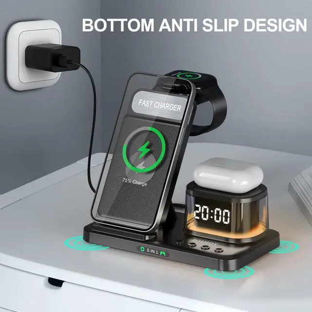 Alt view image 3 of 6 - 5 in 1 Wireless Charger with Clock Night Light Alarm Clock for Apple Devices for iPhone 15 14 13 12 11 Pro Max Apple Watch for Apple Watch - Black