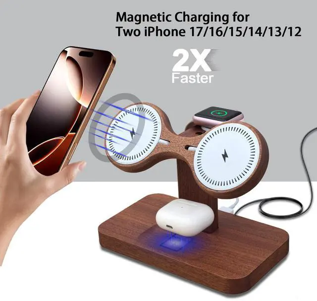 Alt view image 2 of 6 - Dual Phone Charging Station Compatible with Magsafe Charger Stand Magnetic Wireless Charger for iPhone 17 16 15 14 13 12 Series iWatch AirPods Wireless Charging Station for Multiple Devices