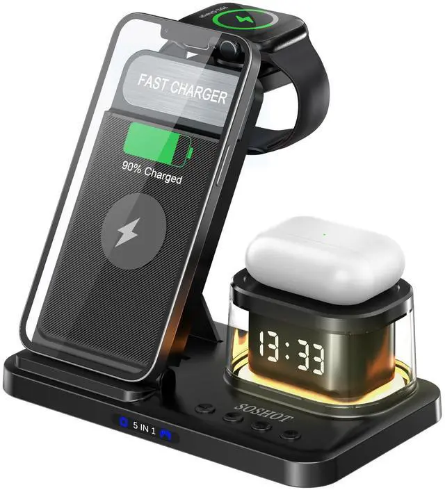 Main image of 5 in 1 Wireless Charger with Clock Night Light Alarm Clock for Apple Devices for iPhone 15 14 13 12 11 Pro Max Apple Watch for Apple Watch - Black