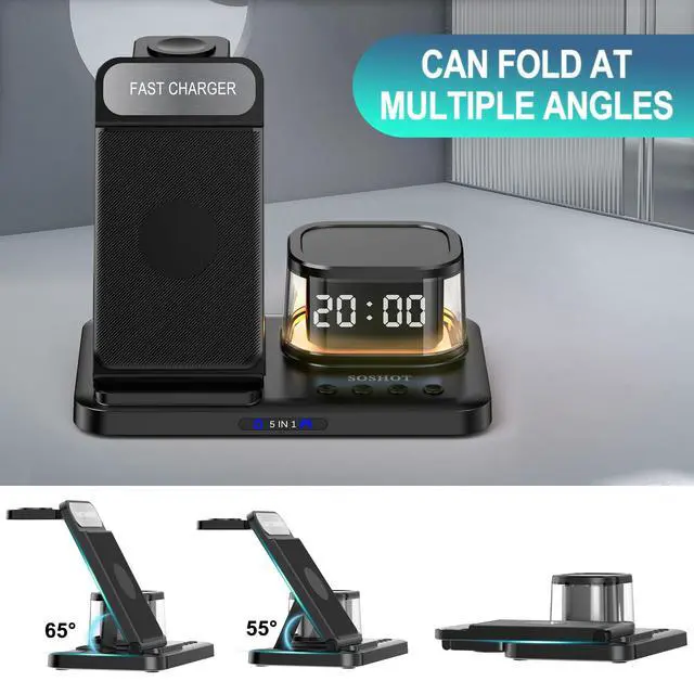 Alt view image 4 of 6 - 5 in 1 Wireless Charger with Clock Night Light Alarm Clock for Apple Devices for iPhone 15 14 13 12 11 Pro Max Apple Watch for Apple Watch - Black