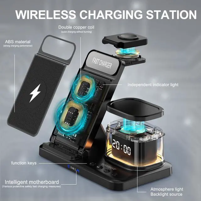 Alt view image 5 of 6 - 5 in 1 Wireless Charger with Clock Night Light Alarm Clock for Apple Devices for iPhone 15 14 13 12 11 Pro Max Apple Watch for Apple Watch - Black