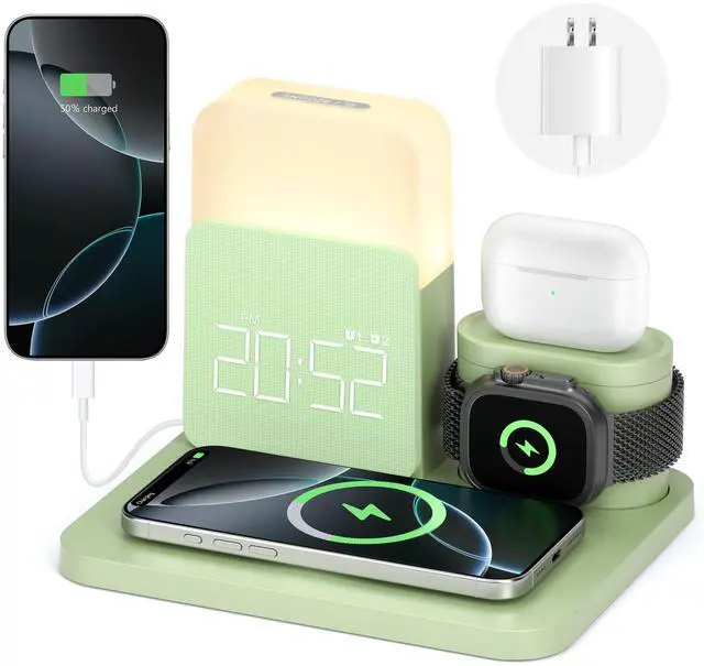 Main image of Wireless Charging Station, 7 in 1 Wireless Charger Stand with Dual Alarm Clock, Charging Dock for iPhone16/15/14/13/12/11/Pro/Max/Samsung Phone, Apple Watch 9/8/7/6/5/SE, AirPods/3/2