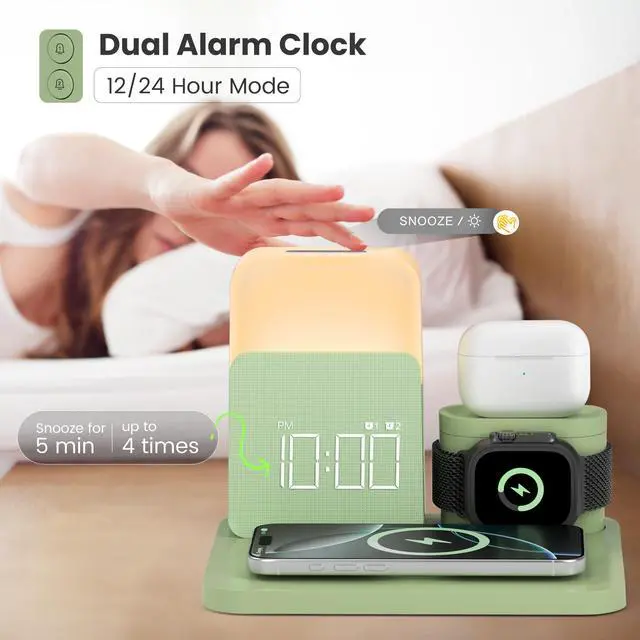 Alt view image 3 of 7 - Wireless Charging Station, 7 in 1 Wireless Charger Stand with Dual Alarm Clock, Charging Dock for iPhone16/15/14/13/12/11/Pro/Max/Samsung Phone, Apple Watch 9/8/7/6/5/SE, AirPods/3/2
