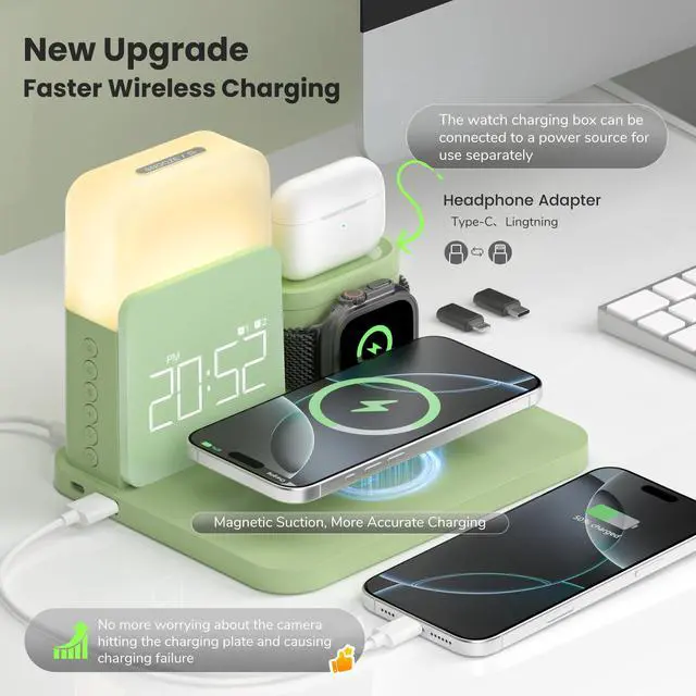 Alt view image 2 of 7 - Wireless Charging Station, 7 in 1 Wireless Charger Stand with Dual Alarm Clock, Charging Dock for iPhone16/15/14/13/12/11/Pro/Max/Samsung Phone, Apple Watch 9/8/7/6/5/SE, AirPods/3/2