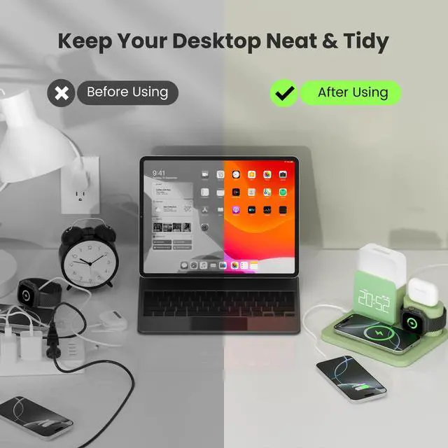 Alt view image 6 of 7 - Wireless Charging Station, 7 in 1 Wireless Charger Stand with Dual Alarm Clock, Charging Dock for iPhone16/15/14/13/12/11/Pro/Max/Samsung Phone, Apple Watch 9/8/7/6/5/SE, AirPods/3/2