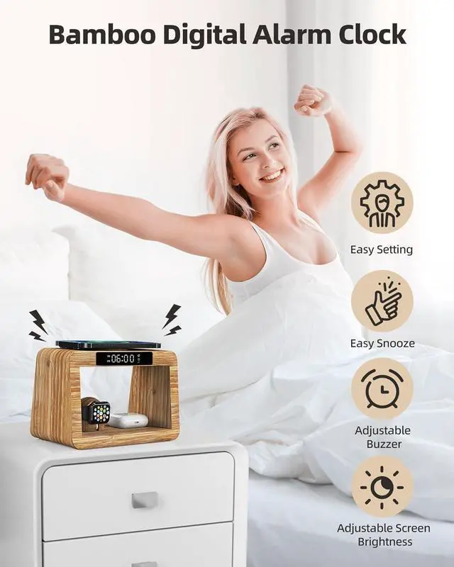 Alt view image 4 of 7 - Bamboo Wireless Charging Station with Alarm Clock & Night Light, 3 in 1 Charging Station for iPhone 17/16/15/14/13/12/11 Pro Max/X/Xs, AirPods 4/3 & AirPods Pro 3/2/1/, Apple Watch Series