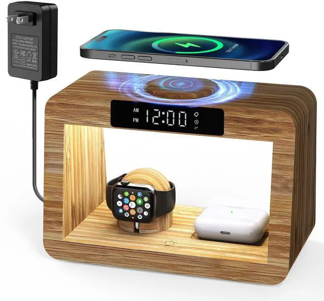 Main image of Bamboo Wireless Charging Station with Alarm Clock & Night Light, 3 in 1 Charging Station for iPhone 17/16/15/14/13/12/11 Pro Max/X/Xs, AirPods 4/3 & AirPods Pro 3/2/1/, Apple Watch Series